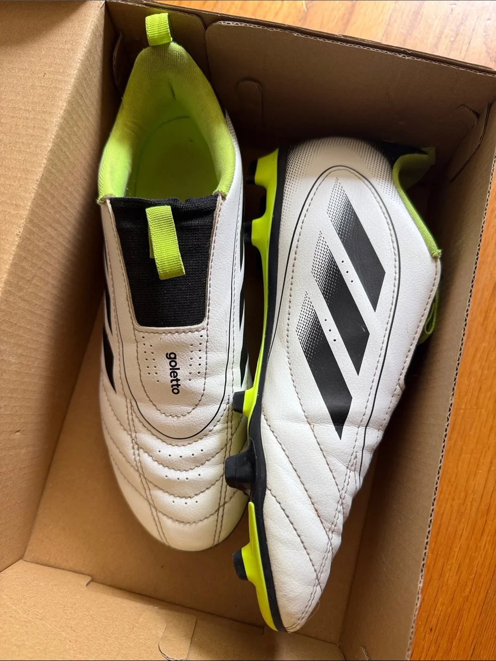adidas Kids Goletto Soccer Cleats in White with Neon Yellow Accents